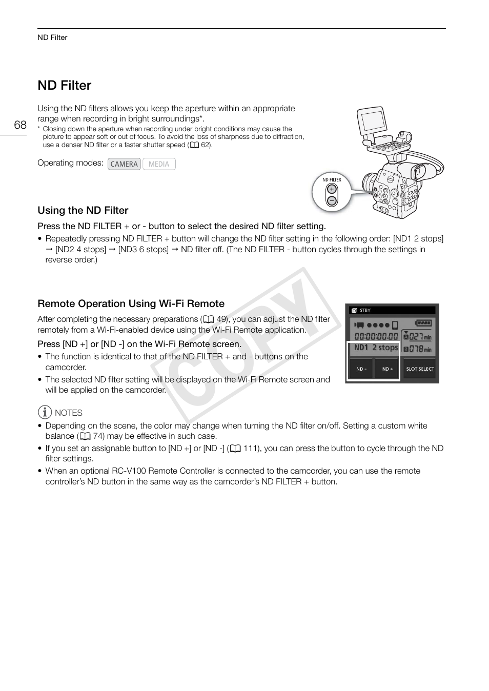 Nd filter, Using the nd filter, Remote operation using wi-fi remote | Nd filter 68, Cop y | Canon EOS C300 PL User Manual | Page 68 / 196