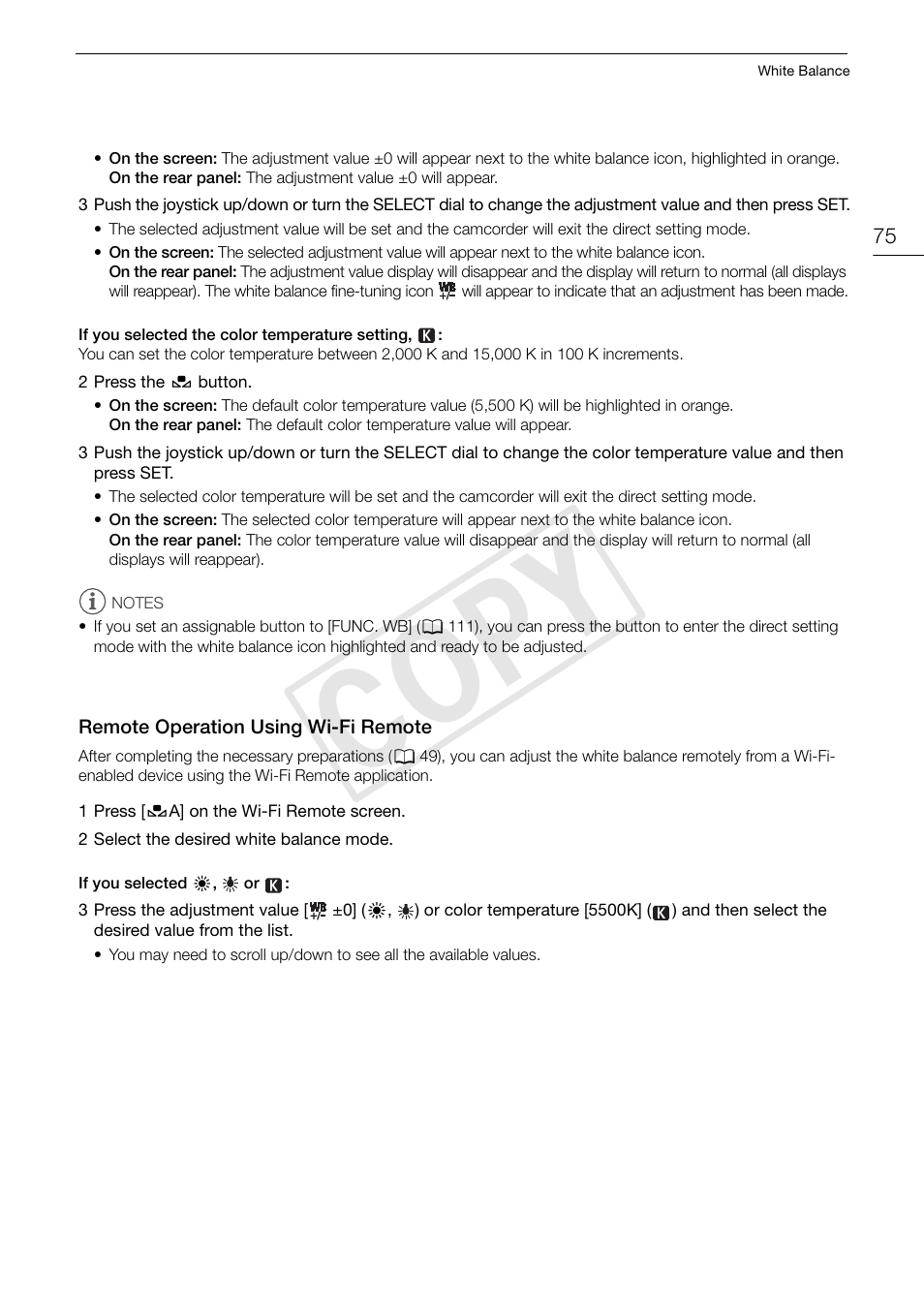 Remote operation using wi-fi remote, Remote operation using wi-fi remote 75, Cop y | Canon EOS C300 PL User Manual | Page 75 / 196