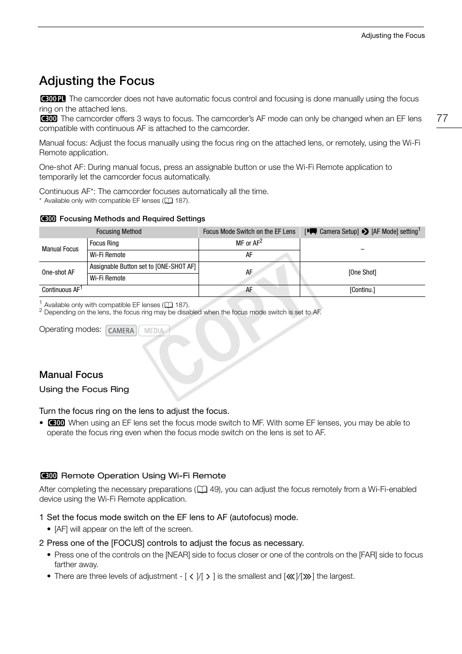Adjusting the focus, Manual focus, Adjusting the focus 77 | Manual focus 77, Cop y | Canon EOS C300 PL User Manual | Page 77 / 196