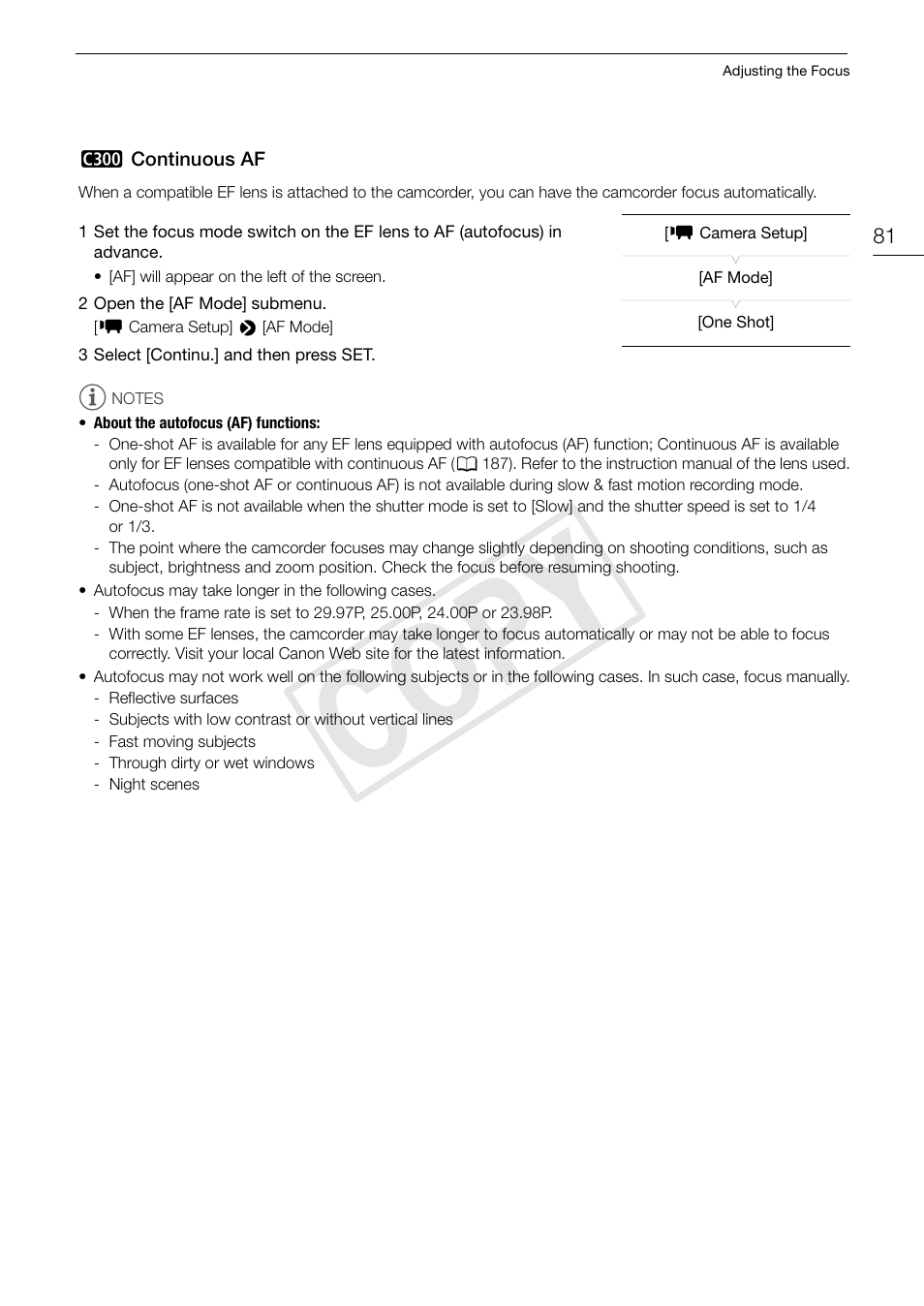 C300> continuous af, Continuous af 81, Cop y | Canon EOS C300 PL User Manual | Page 81 / 196