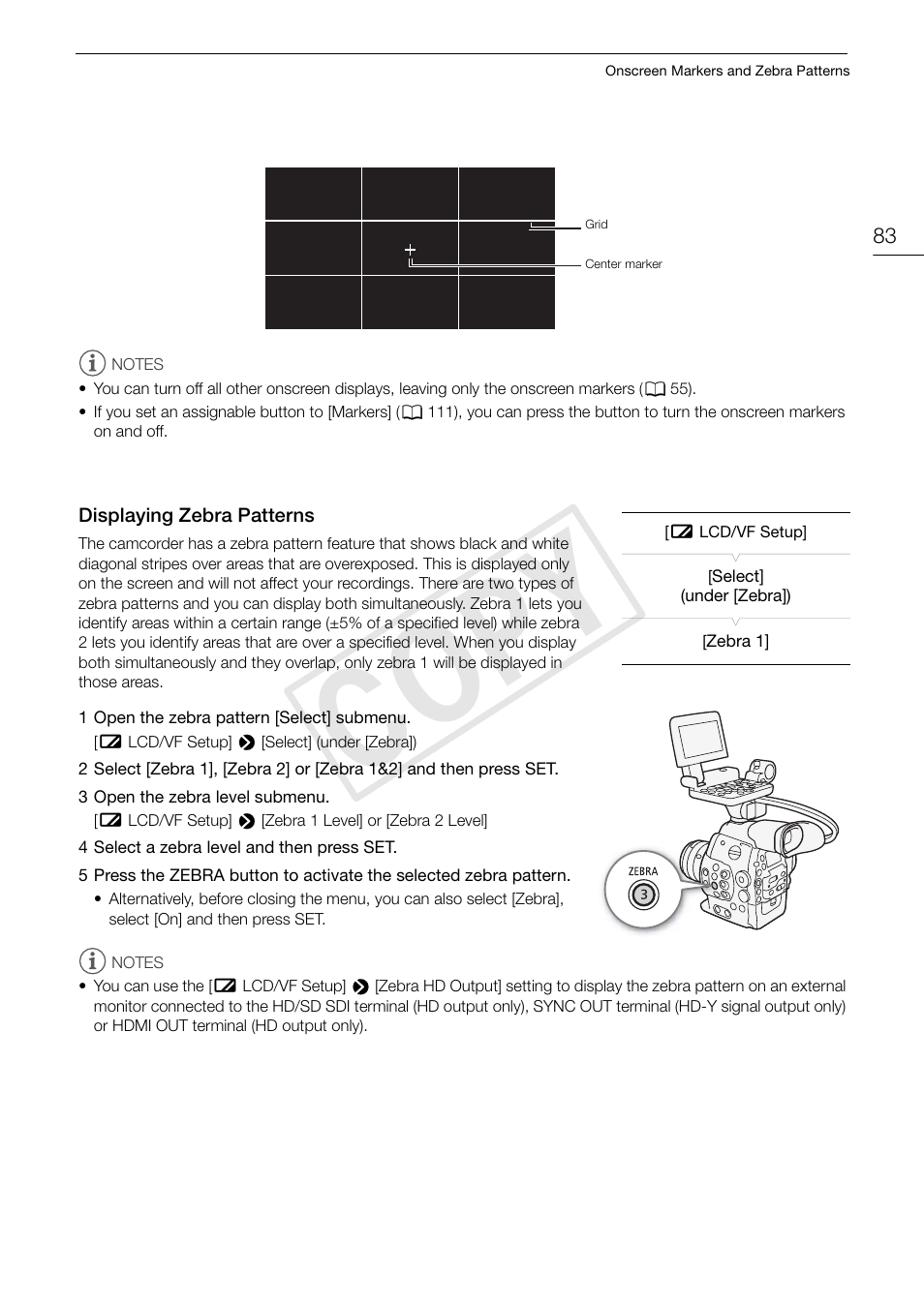 Displaying zebra patterns, Displaying zebra patterns 83, Cop y | Canon EOS C300 PL User Manual | Page 83 / 196
