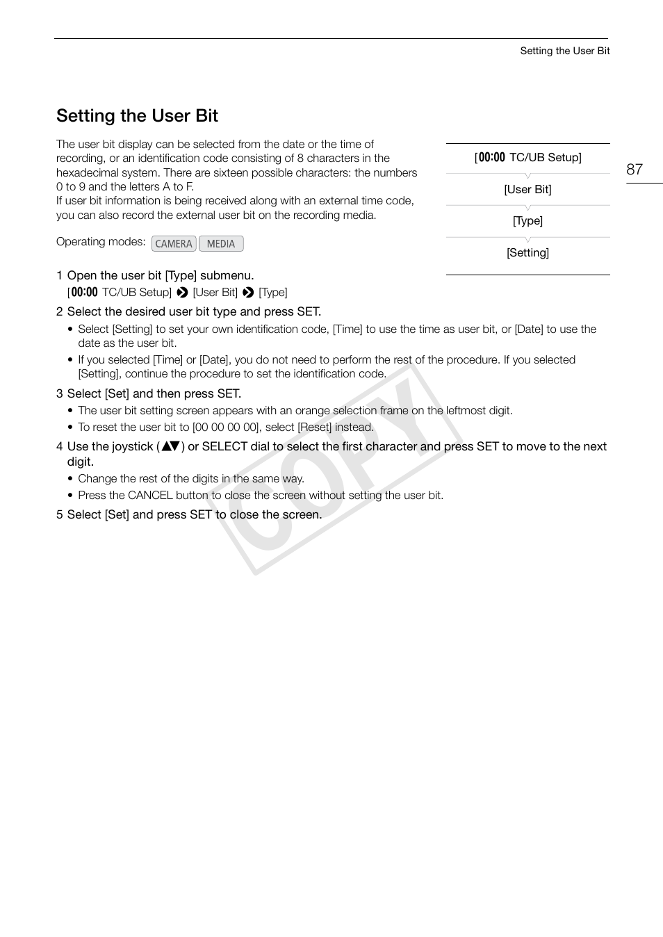 Setting the user bit, Setting the user bit 87, Cop y | Canon EOS C300 PL User Manual | Page 87 / 196