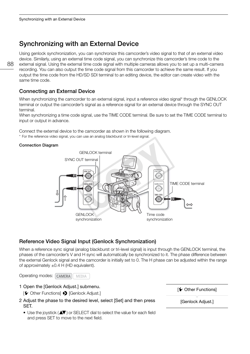 Synchronizing with an external device, Connecting an external device, Synchronizing with an external device 88 | Synchronization) 88, Cop y | Canon EOS C300 PL User Manual | Page 88 / 196