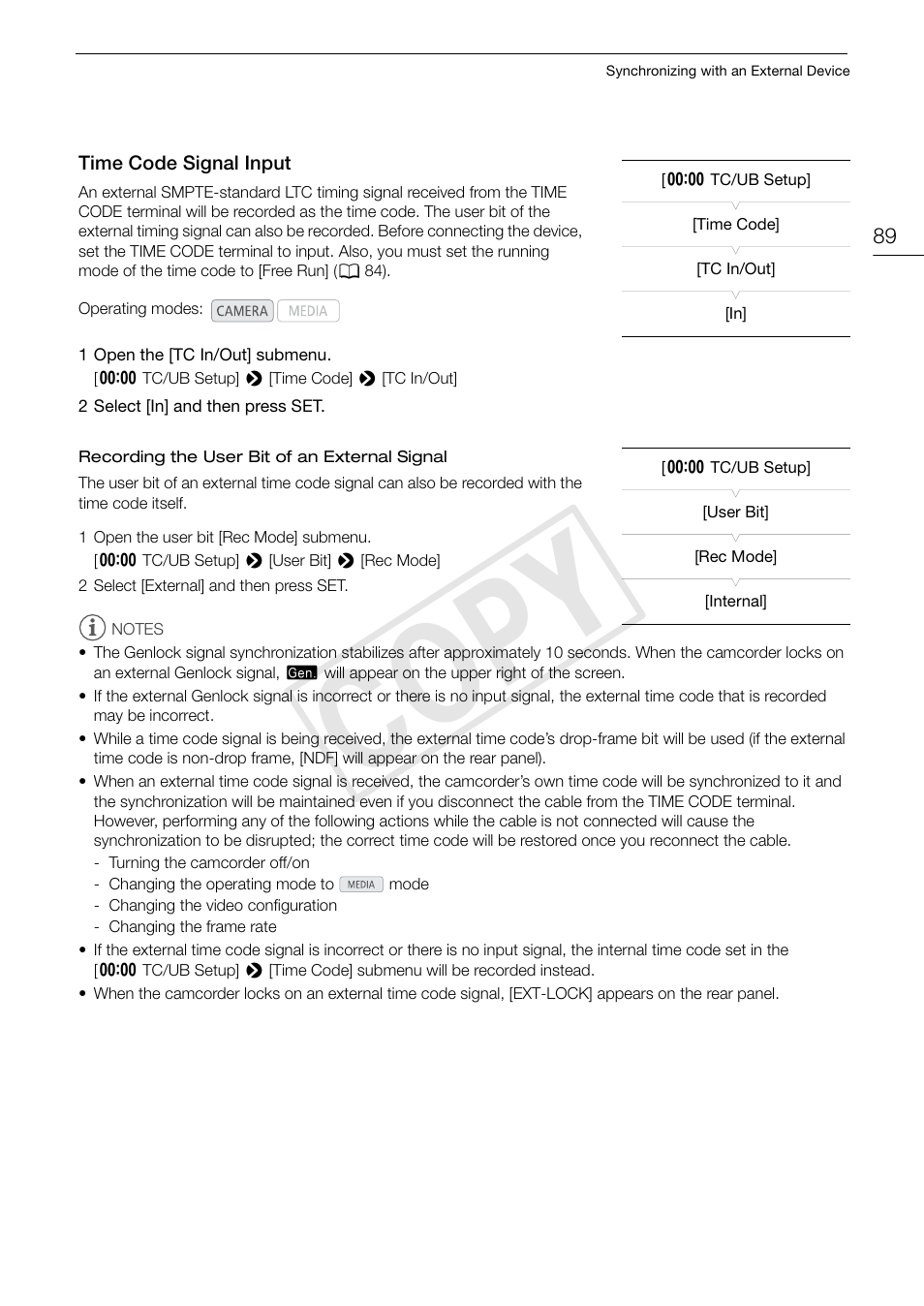 Time code signal input, Time code signal input 89, Cop y | Canon EOS C300 PL User Manual | Page 89 / 196