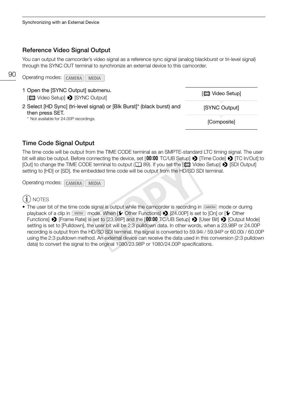 Reference video signal output, Time code signal output, Cop y | Canon EOS C300 PL User Manual | Page 90 / 196