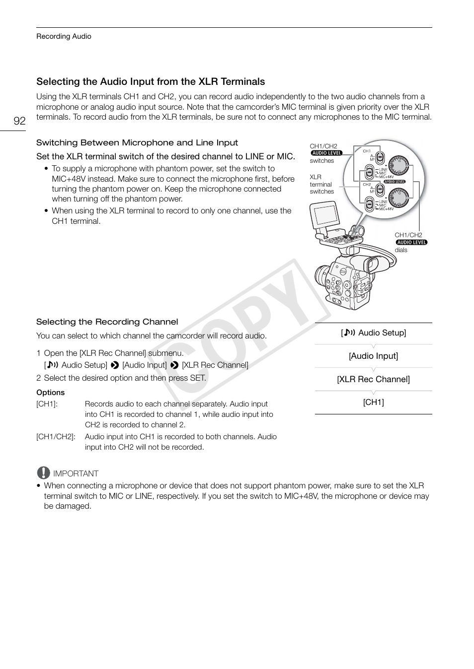 Selecting the audio input from the xlr terminals, Selecting the audio input from the xlr, Terminals 92 | Cop y | Canon EOS C300 PL User Manual | Page 92 / 196