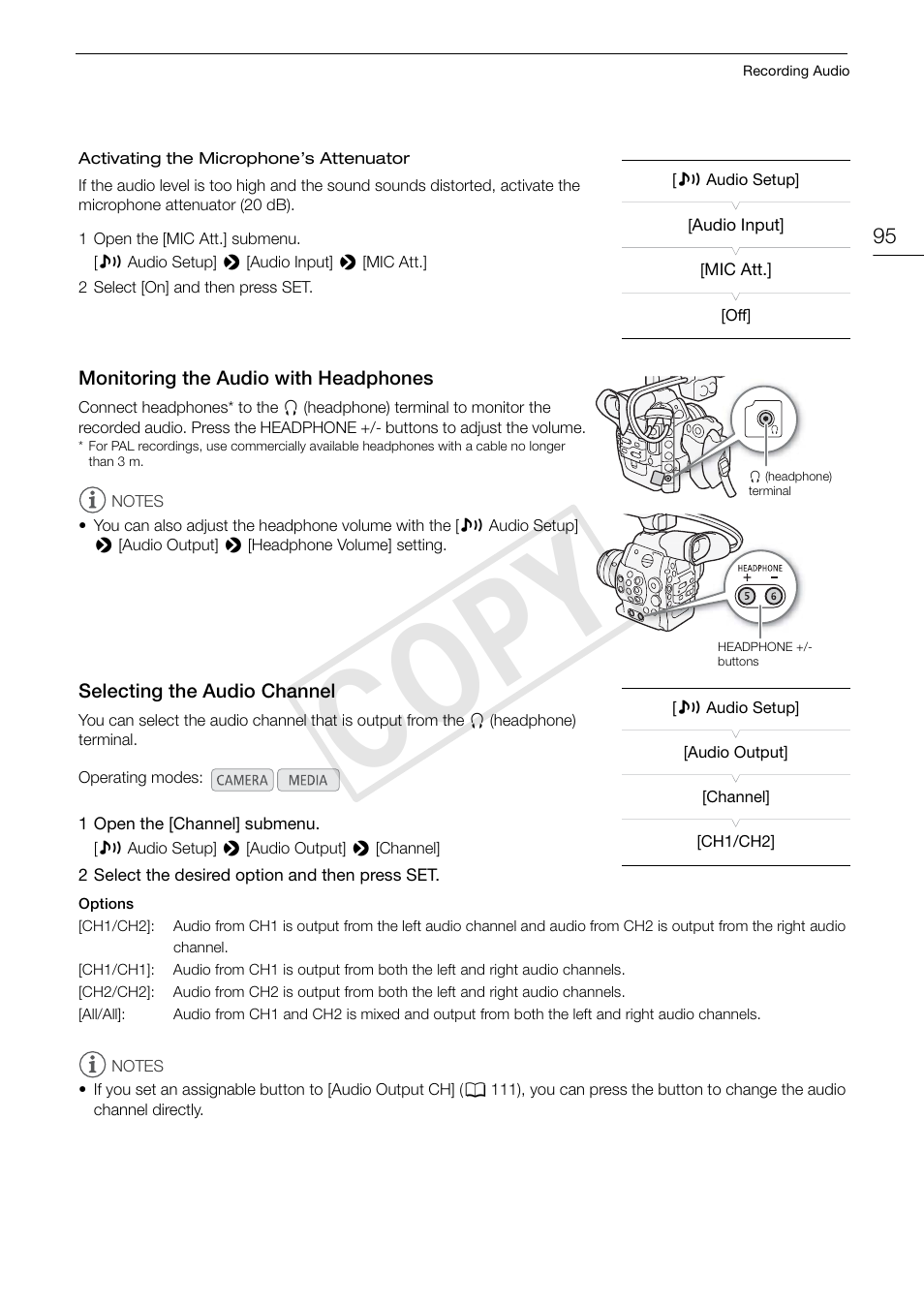Monitoring the audio with headphones, Selecting the audio channel, Monitoring the audio with headphones 95 | Selecting the audio channel 95, Cop y | Canon EOS C300 PL User Manual | Page 95 / 196