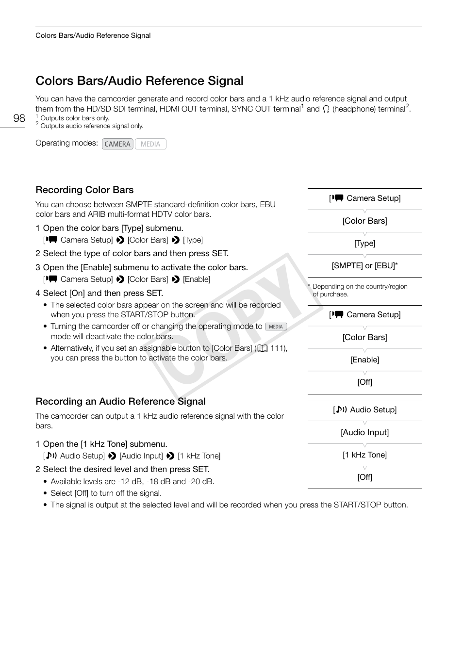 Colors bars/audio reference signal, Recording color bars, Recording an audio reference signal | Colors bars/audio reference signal 98, C op y | Canon EOS C300 PL User Manual | Page 98 / 196