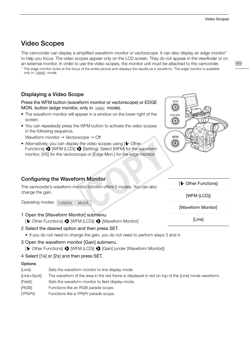 Video scopes, Displaying a video scope, Configuring the waveform monitor | Video scopes 99, Cop y | Canon EOS C300 PL User Manual | Page 99 / 196
