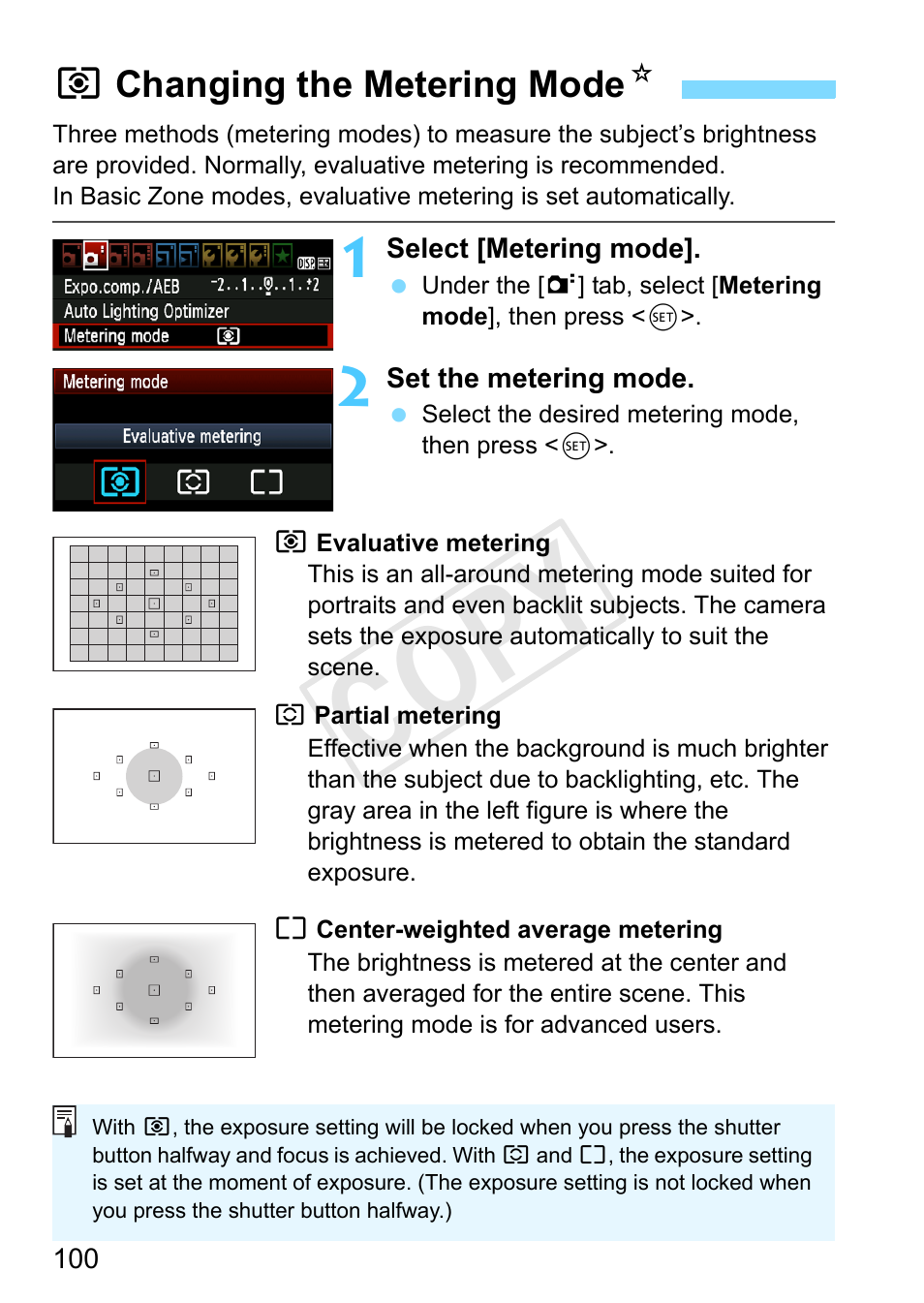 Changing the metering mode, P.100, P.100) | Etering mode (p.100), Cop y | Canon EOS Rebel T3 18-55mm IS II Lens Kit User Manual | Page 100 / 292
