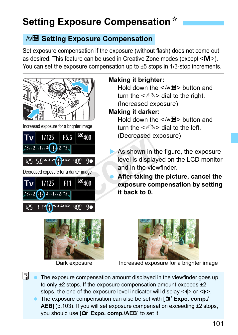Setting exposure compensation, P.101, Y setting exposure compensation | P.101), Aeb setting (p.101, Cop y, Setting exposure compensation n | Canon EOS Rebel T3 18-55mm IS II Lens Kit User Manual | Page 101 / 292