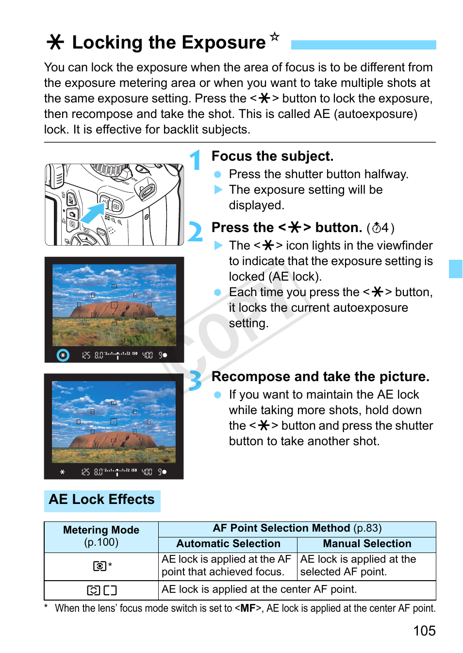 Locking the exposure, P.105, Locking the exposure (ae lock) | P.105/106/176/178,209), Cop y, Alocking the exposure n | Canon EOS Rebel T3 18-55mm IS II Lens Kit User Manual | Page 105 / 292