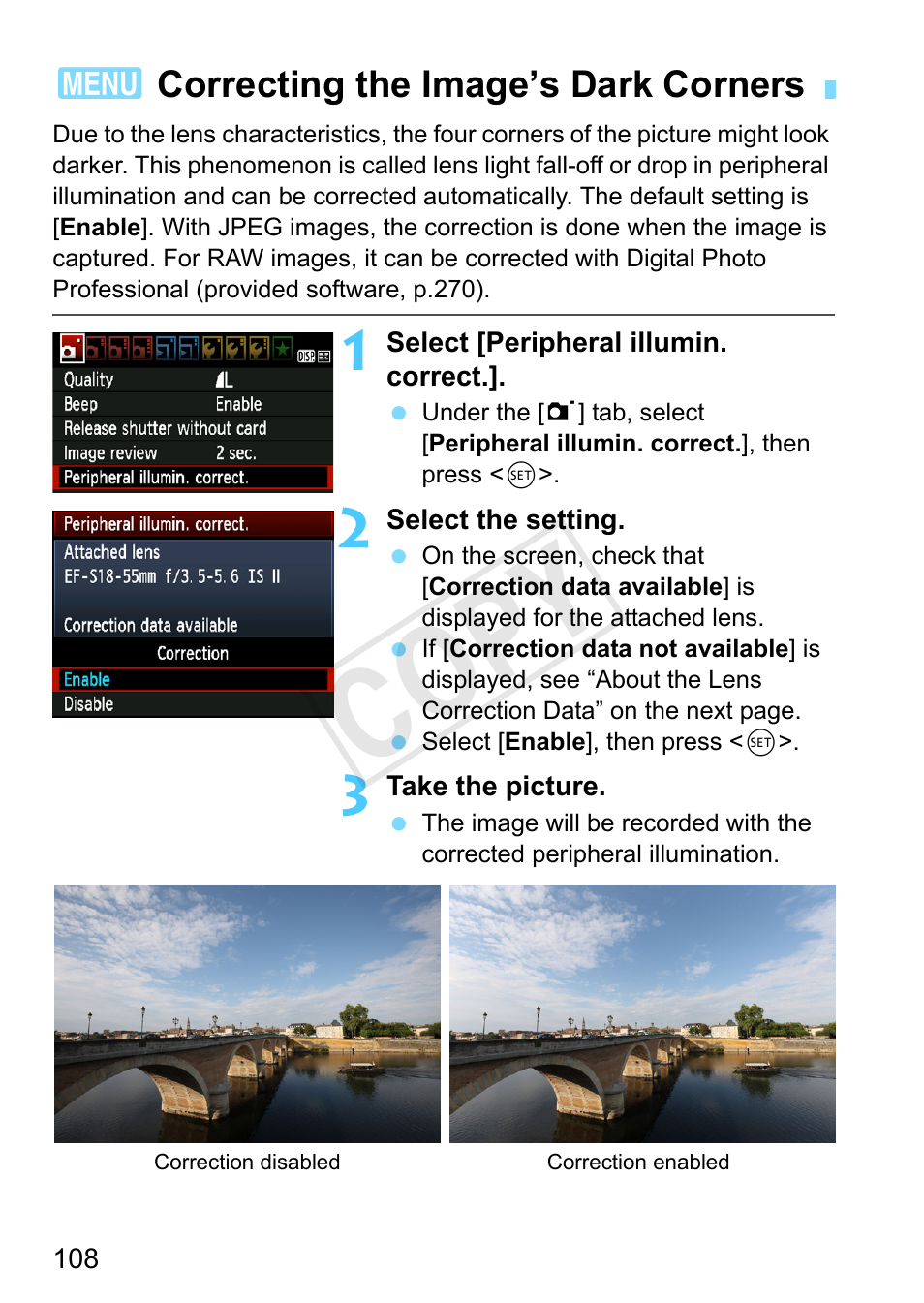 Correcting the image’s dark corners, P.108, Cop y | Canon EOS Rebel T3 18-55mm IS II Lens Kit User Manual | Page 108 / 292