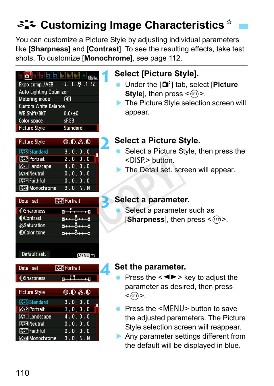 Customizing image characteristics, Customizing image characteristics (picture style), Cop y | Acustomizing image characteristics n | Canon EOS Rebel T3 18-55mm IS II Lens Kit User Manual | Page 110 / 292