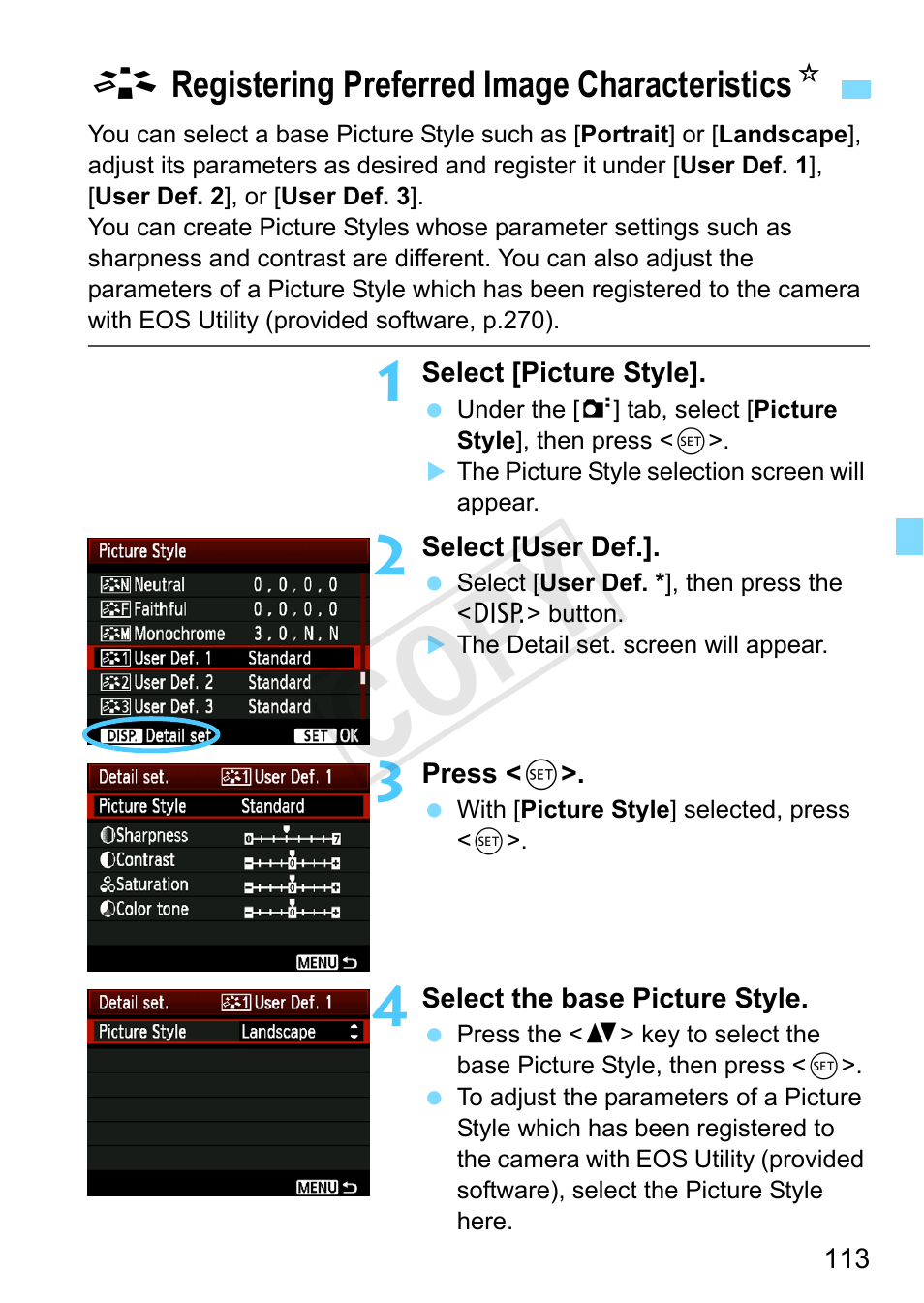 Registering preferred image characteristics, Cop y | Canon EOS Rebel T3 18-55mm IS II Lens Kit User Manual | Page 113 / 292