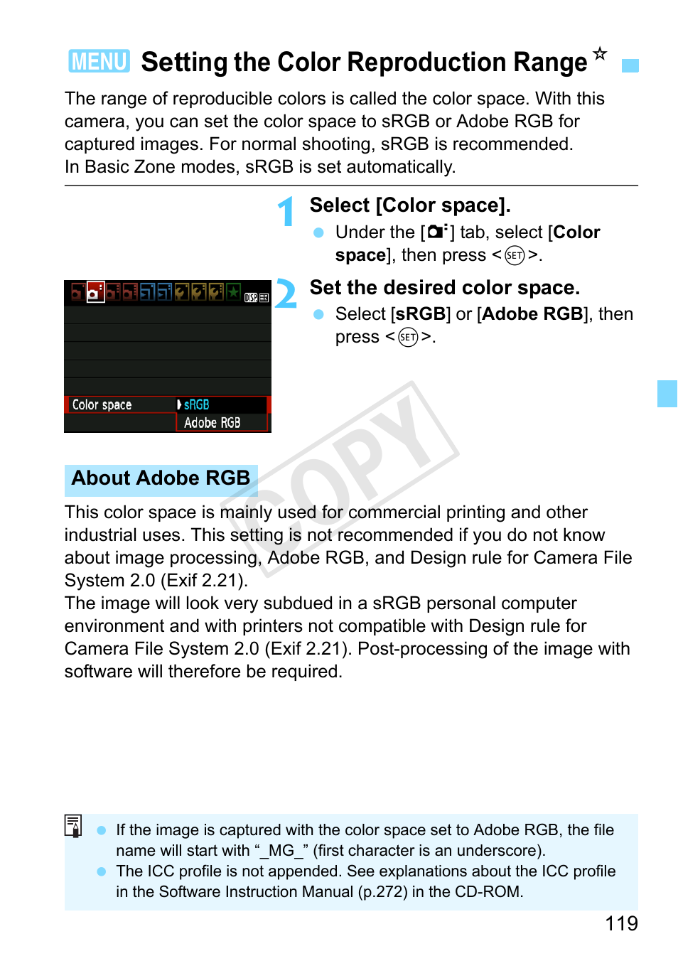 Setting the color reproduction range, P.119, Setting the color reproduction range (color space) | Cop y | Canon EOS Rebel T3 18-55mm IS II Lens Kit User Manual | Page 119 / 292