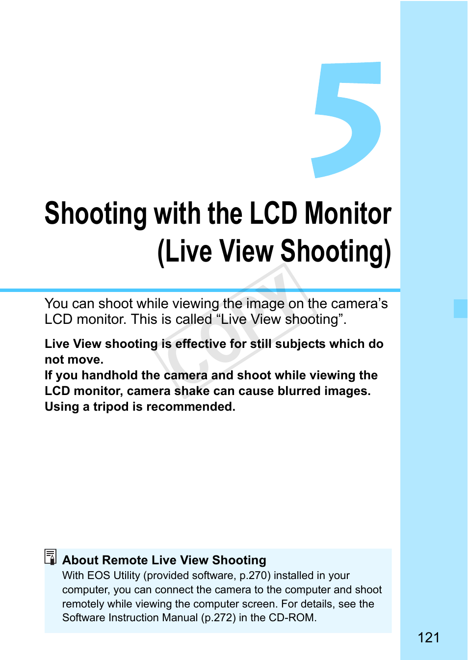 Shooting with the lcd monitor (live view shooting), P.121, Shooting” (p.121) | Cop y | Canon EOS Rebel T3 18-55mm IS II Lens Kit User Manual | Page 121 / 292