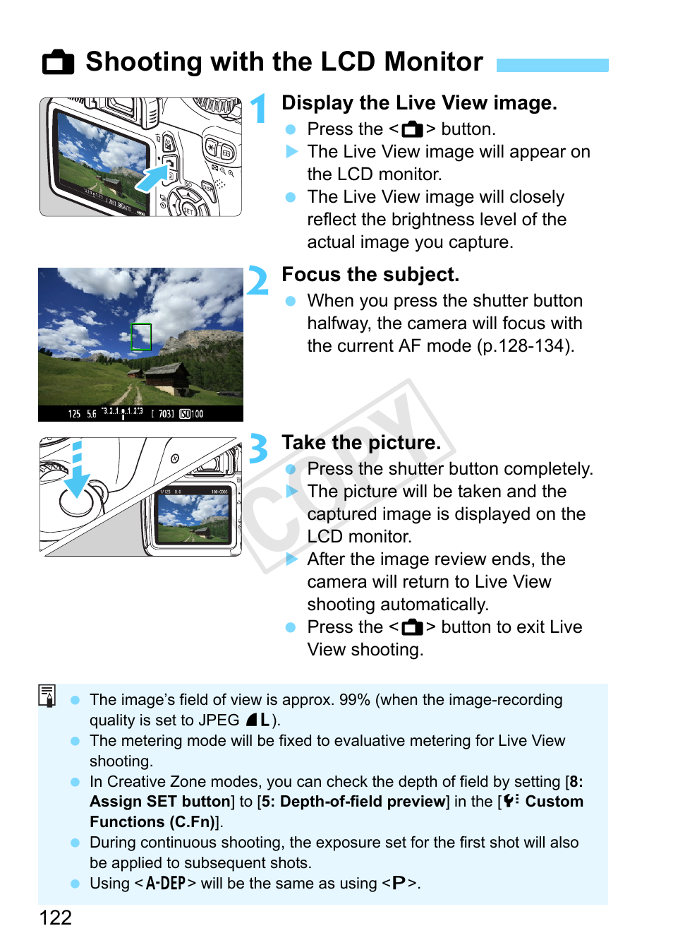Shooting with the lcd monitor, A shooting with the lcd monitor, P.122/140) | Age (p.122) and holding down the, Cop y | Canon EOS Rebel T3 18-55mm IS II Lens Kit User Manual | Page 122 / 292