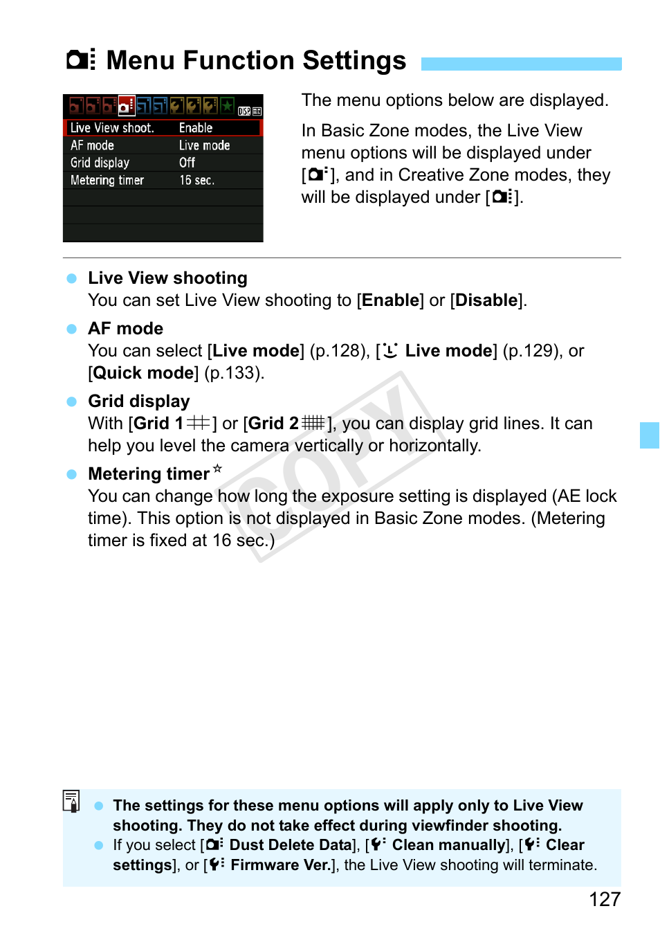 Menu function settings, P.127, Z menu function settings | Cop y | Canon EOS Rebel T3 18-55mm IS II Lens Kit User Manual | Page 127 / 292
