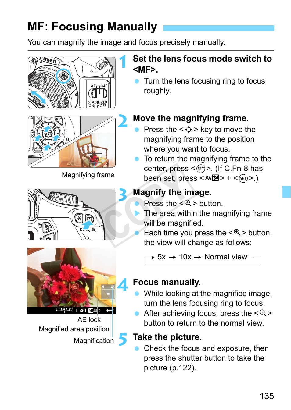 Mf: focusing manually, Magnify the image, and focus manually (p.135), Cop y | Canon EOS Rebel T3 18-55mm IS II Lens Kit User Manual | Page 135 / 292