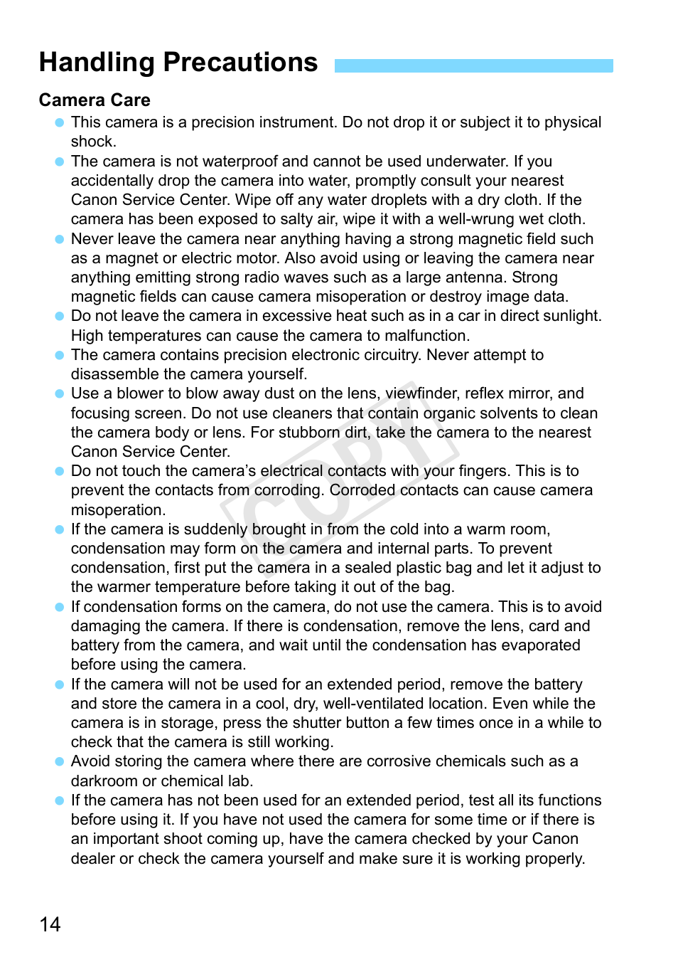 Handling precautions, Cop y | Canon EOS Rebel T3 18-55mm IS II Lens Kit User Manual | Page 14 / 292