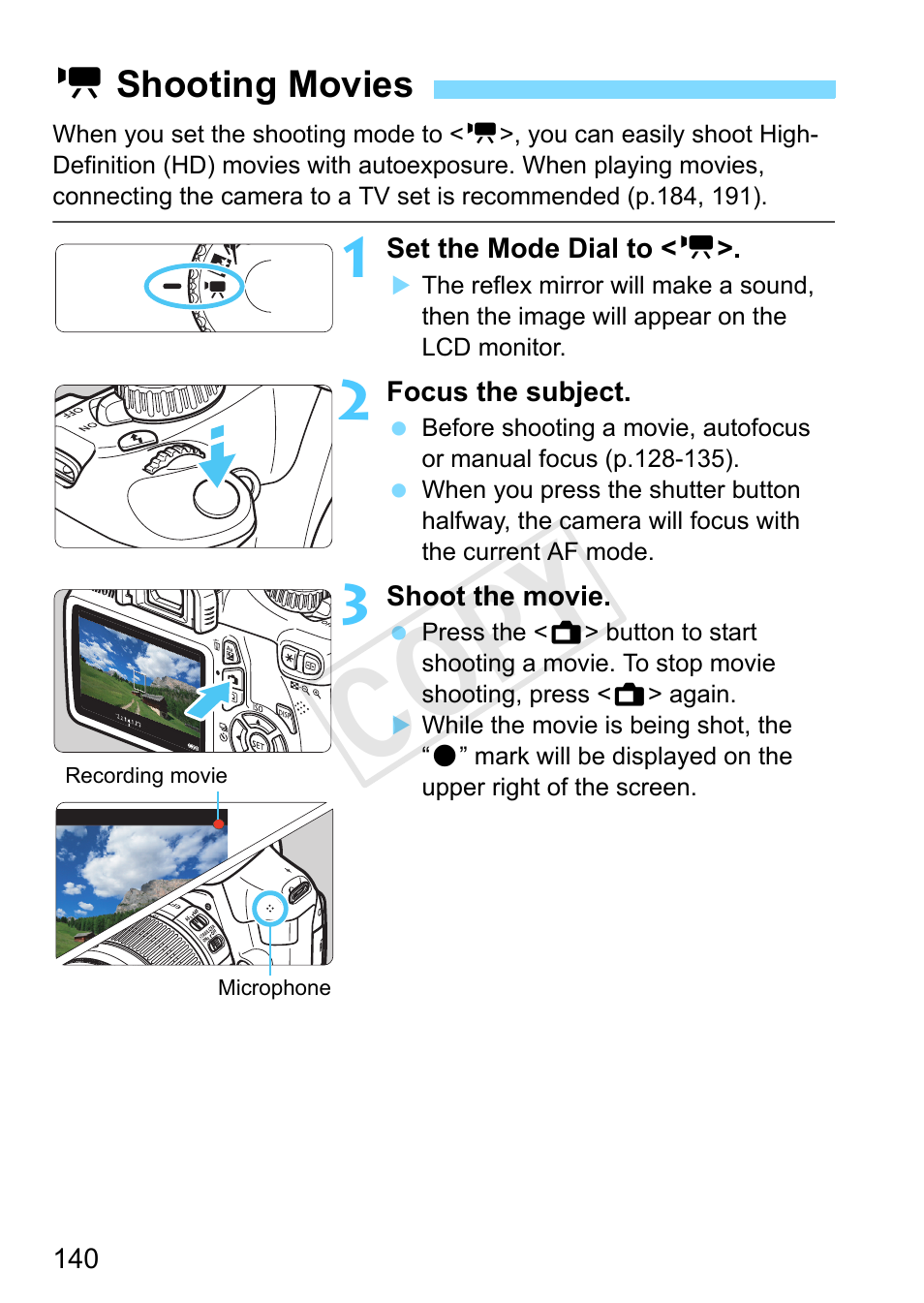 Shooting movies, K shooting movies, P.140, 148) | Cop y | Canon EOS Rebel T3 18-55mm IS II Lens Kit User Manual | Page 140 / 292