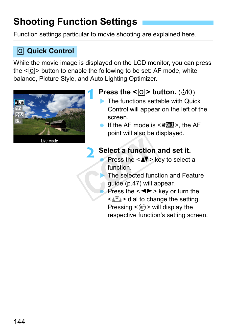 Shooting function settings, P.144, Cop y | Canon EOS Rebel T3 18-55mm IS II Lens Kit User Manual | Page 144 / 292