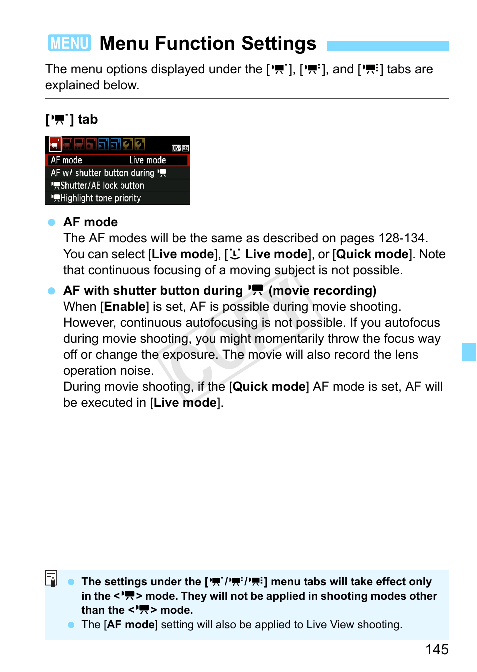 Menu function settings, Cop y | Canon EOS Rebel T3 18-55mm IS II Lens Kit User Manual | Page 145 / 292