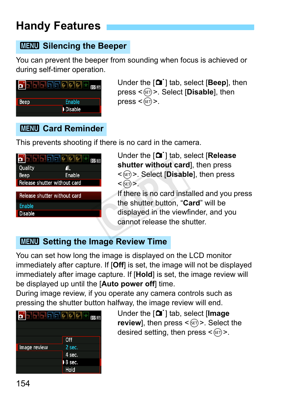 Handy features, P.154, P.154) | Silencing the beeper (p.154), Card reminder (p.154), Me (p.154), Cop y | Canon EOS Rebel T3 18-55mm IS II Lens Kit User Manual | Page 154 / 292