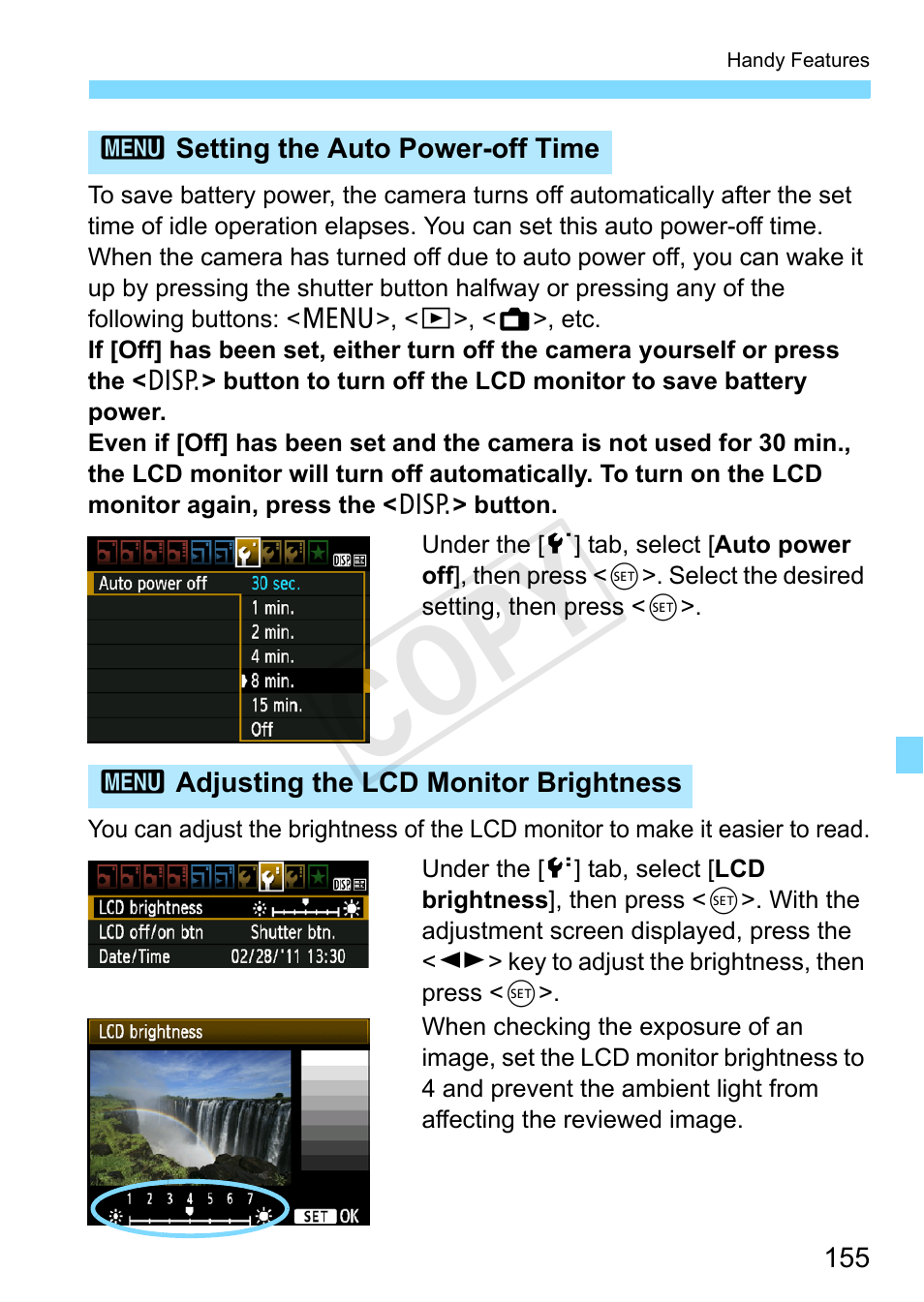 P.155, P.155). if, Me (p.155) | Tor brightness (p.155), Cop y | Canon EOS Rebel T3 18-55mm IS II Lens Kit User Manual | Page 155 / 292