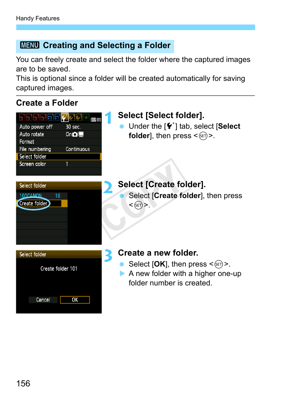 P.156, Creating and selecting a folder, G a folder (p.156) | Cop y | Canon EOS Rebel T3 18-55mm IS II Lens Kit User Manual | Page 156 / 292