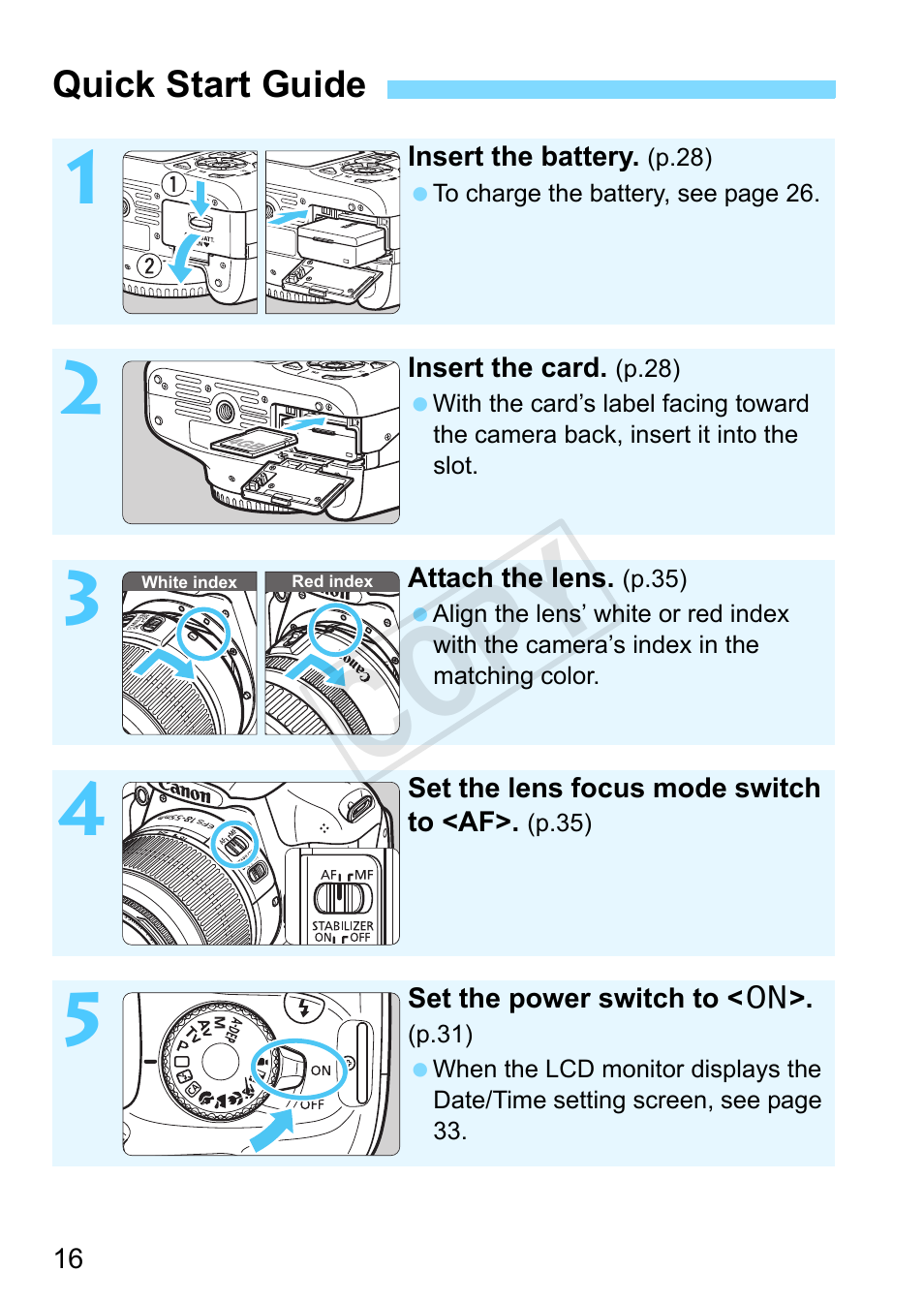 Quick start guide, Cop y | Canon EOS Rebel T3 18-55mm IS II Lens Kit User Manual | Page 16 / 292