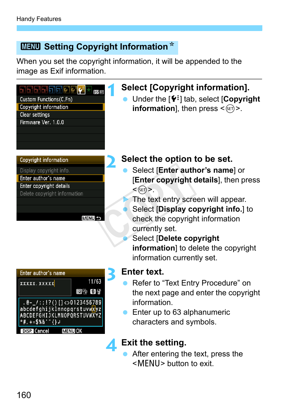 Setting copyright information, Setting copyright information (p.160), Cop y | Canon EOS Rebel T3 18-55mm IS II Lens Kit User Manual | Page 160 / 292