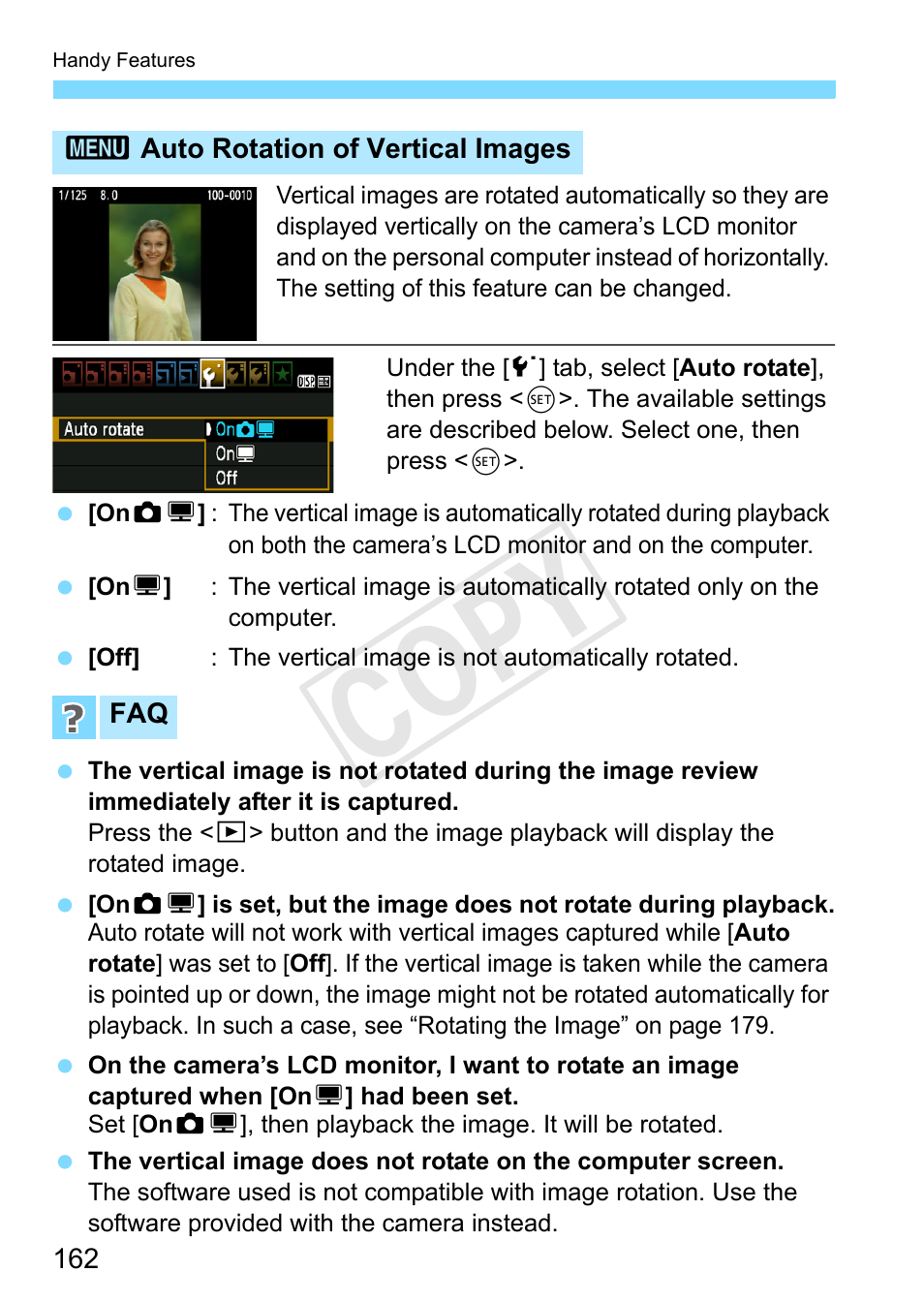 Auto rotation of vertical images, Rtical images (p.162), Cop y | Canon EOS Rebel T3 18-55mm IS II Lens Kit User Manual | Page 162 / 292