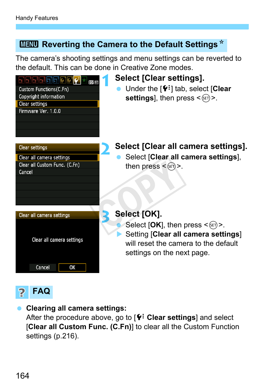 Reverting the camera to the default settings, P.164), all the, Cop y | Canon EOS Rebel T3 18-55mm IS II Lens Kit User Manual | Page 164 / 292
