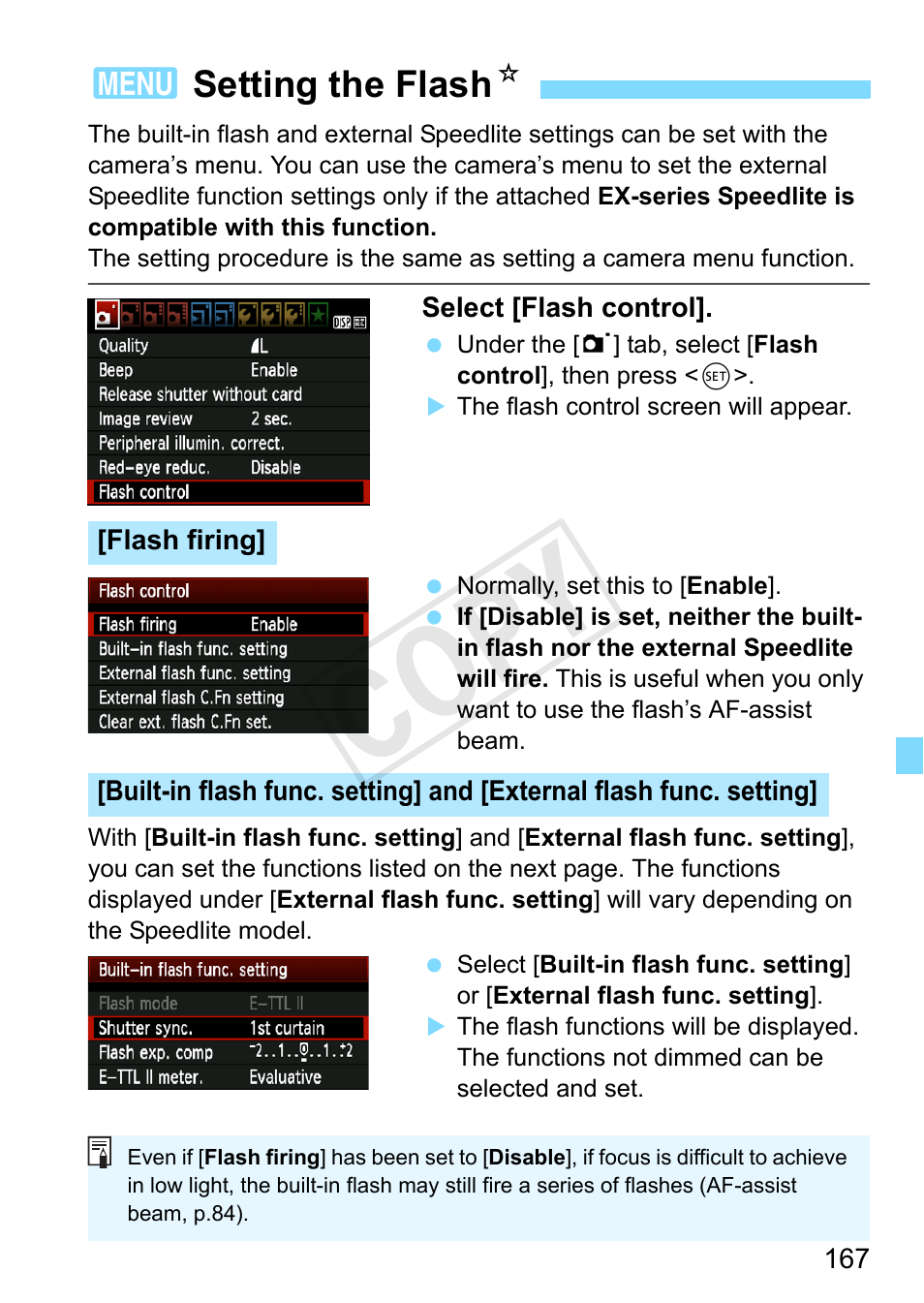 Setting the flash, P.167, Setting the flash (p.167) | Cop y, 3setting the flash n | Canon EOS Rebel T3 18-55mm IS II Lens Kit User Manual | Page 167 / 292