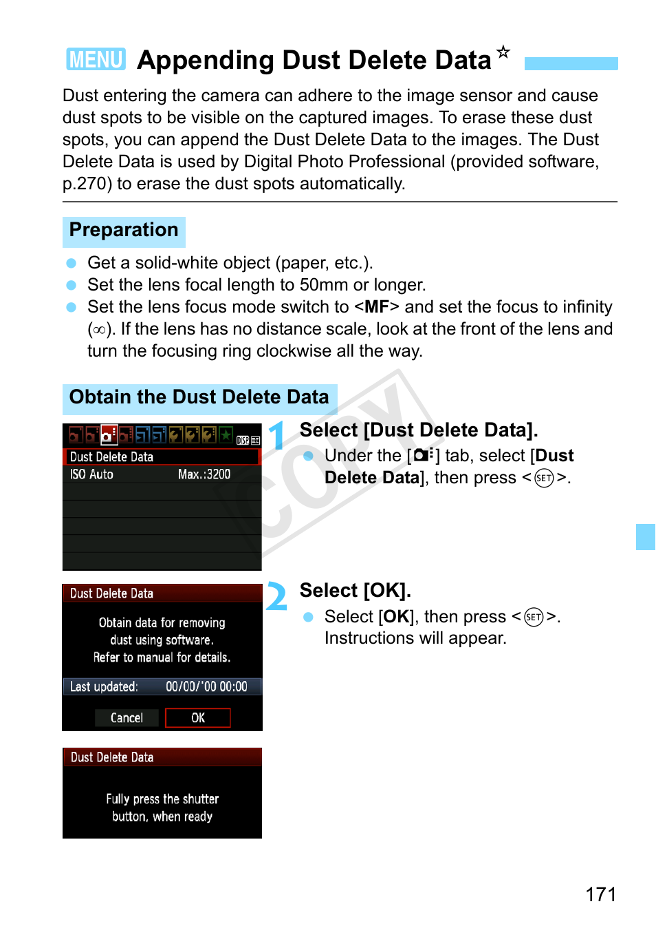 Appending dust delete data, P.171), Cop y | Canon EOS Rebel T3 18-55mm IS II Lens Kit User Manual | Page 171 / 292