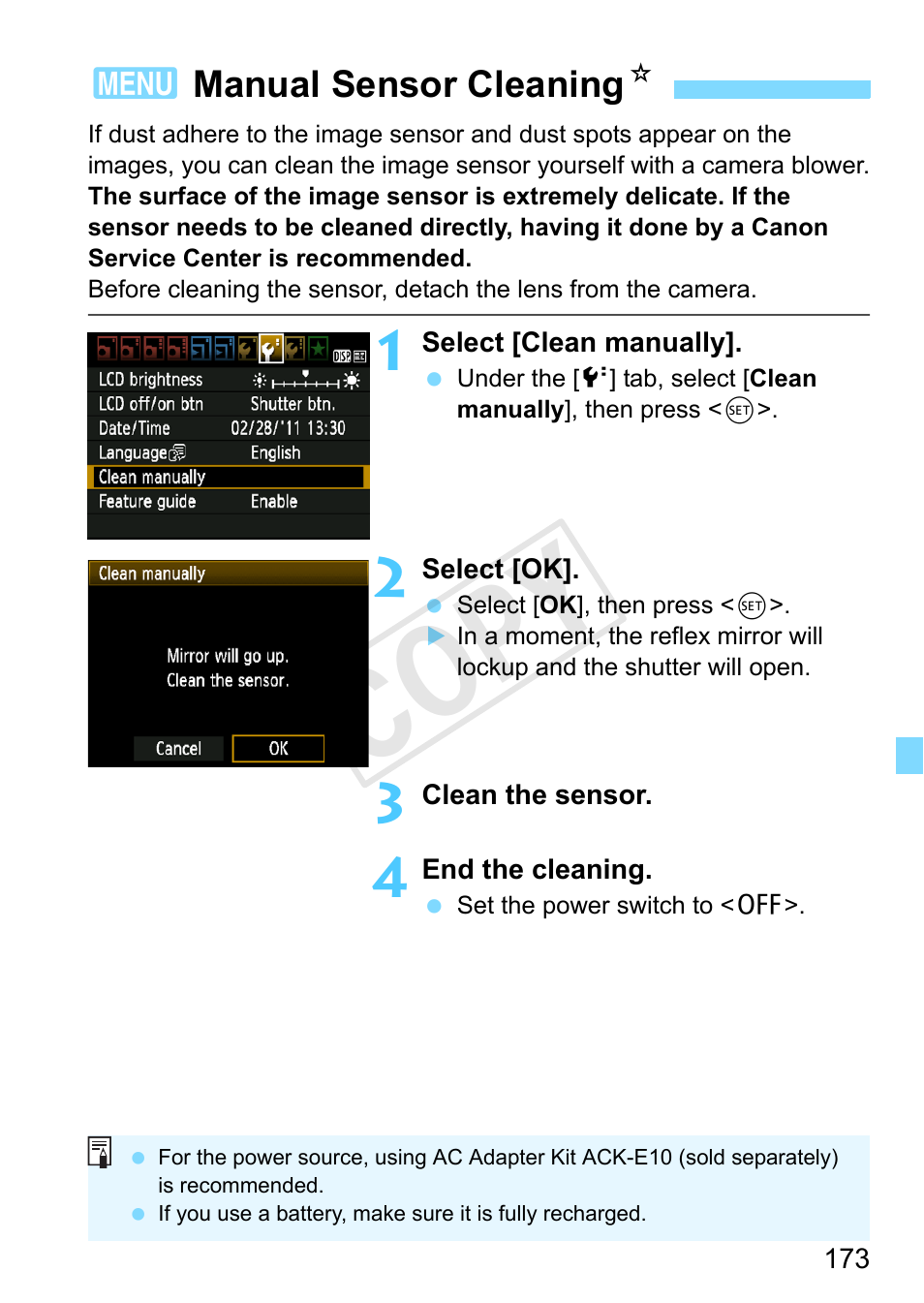 Manual sensor cleaning, Mirror (p.173), Manual sensor cleaning (p.173) | Cop y | Canon EOS Rebel T3 18-55mm IS II Lens Kit User Manual | Page 173 / 292