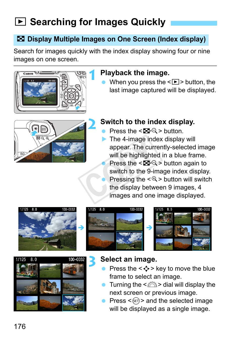 Searching for images quickly, P.176, H i searching for images quickly | Cop y, Xsearching for images quickly | Canon EOS Rebel T3 18-55mm IS II Lens Kit User Manual | Page 176 / 292