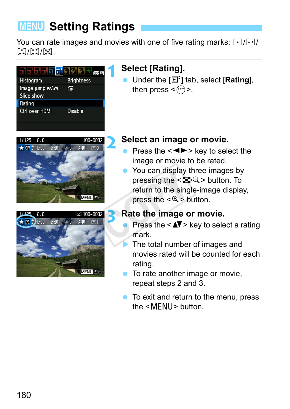 Setting ratings, P.180, Cop y | 3setting ratings | Canon EOS Rebel T3 18-55mm IS II Lens Kit User Manual | Page 180 / 292