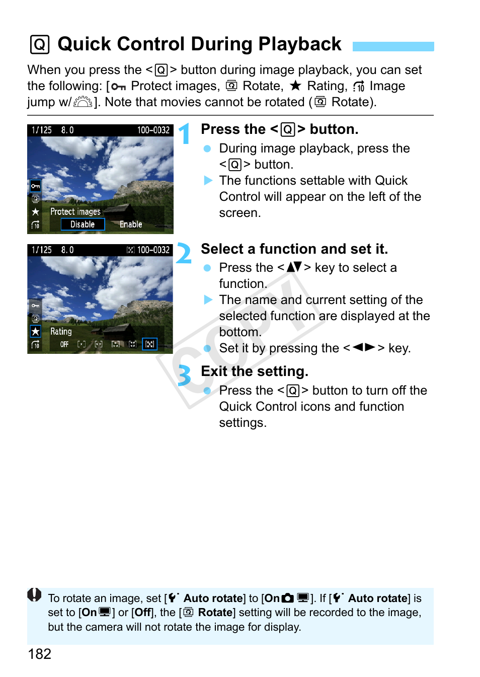 Quick control during playback, Q quick control during playback, Cop y | Canon EOS Rebel T3 18-55mm IS II Lens Kit User Manual | Page 182 / 292
