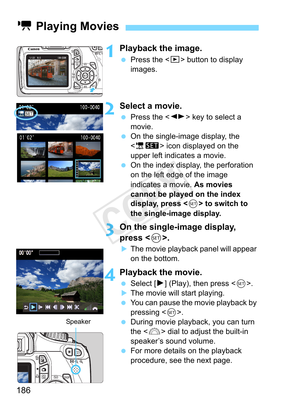 Playing movies, K playing movies, P.186) | Cop y | Canon EOS Rebel T3 18-55mm IS II Lens Kit User Manual | Page 186 / 292