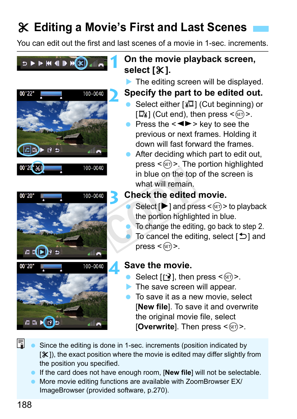 Editing a movie’s first and last scenes, X editing a movie’s first and last scenes, Displays the editing screen (p.188) | Cop y | Canon EOS Rebel T3 18-55mm IS II Lens Kit User Manual | Page 188 / 292
