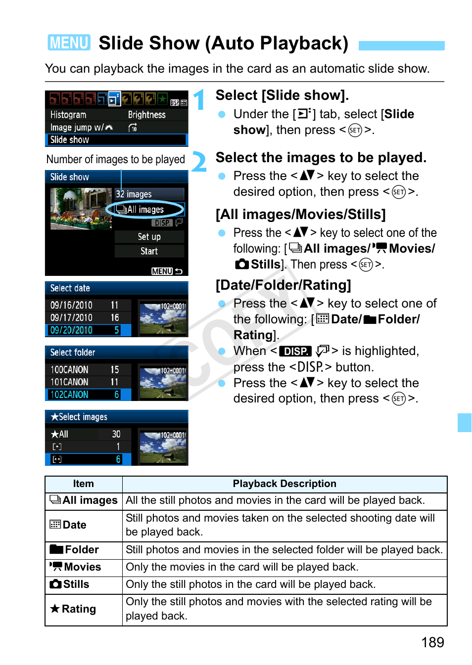 Slide show (auto playback), P.189, Cop y | 3slide show (auto playback) | Canon EOS Rebel T3 18-55mm IS II Lens Kit User Manual | Page 189 / 292