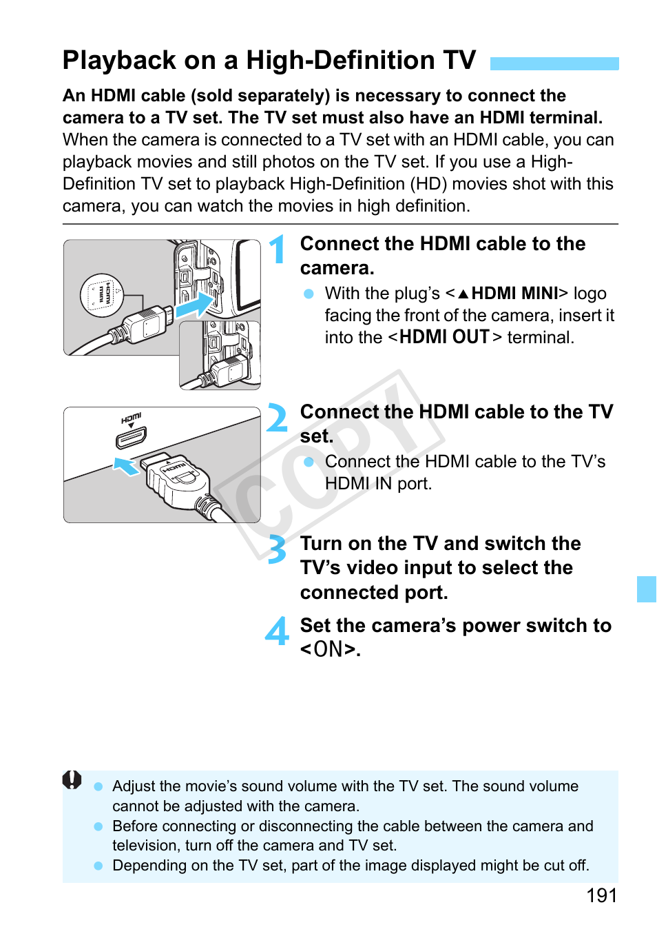 Playback on a high-definition tv, P.191, Terminal (p.191) | Image on a tv (p.191), 191) to pl, Cop y | Canon EOS Rebel T3 18-55mm IS II Lens Kit User Manual | Page 191 / 292