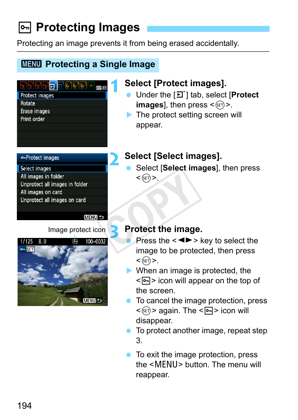 Protecting images, P.194, K protecting images | Cop y | Canon EOS Rebel T3 18-55mm IS II Lens Kit User Manual | Page 194 / 292