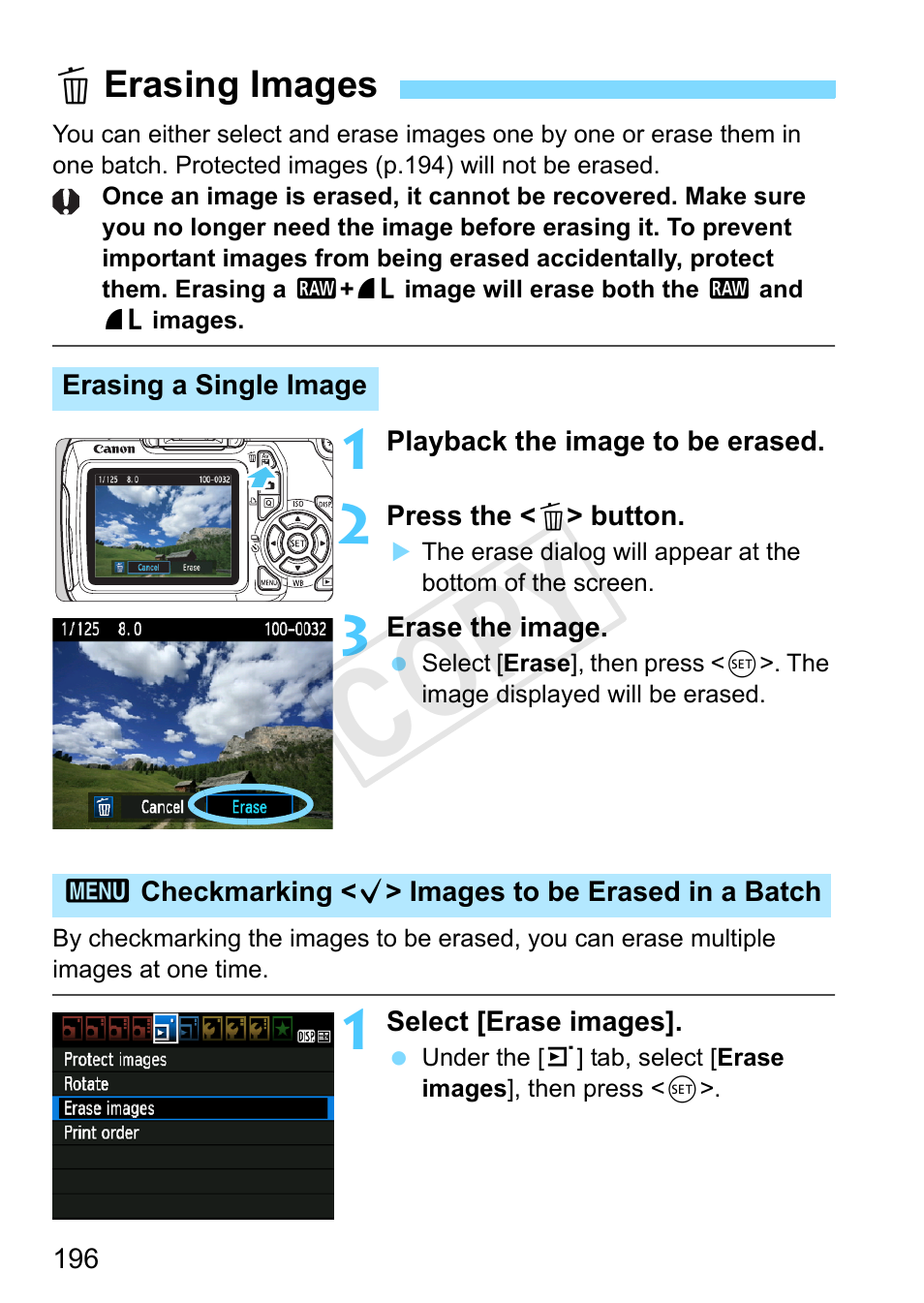 Erasing images, P.196, Erasing images” (p.196) | Cop y | Canon EOS Rebel T3 18-55mm IS II Lens Kit User Manual | Page 196 / 292