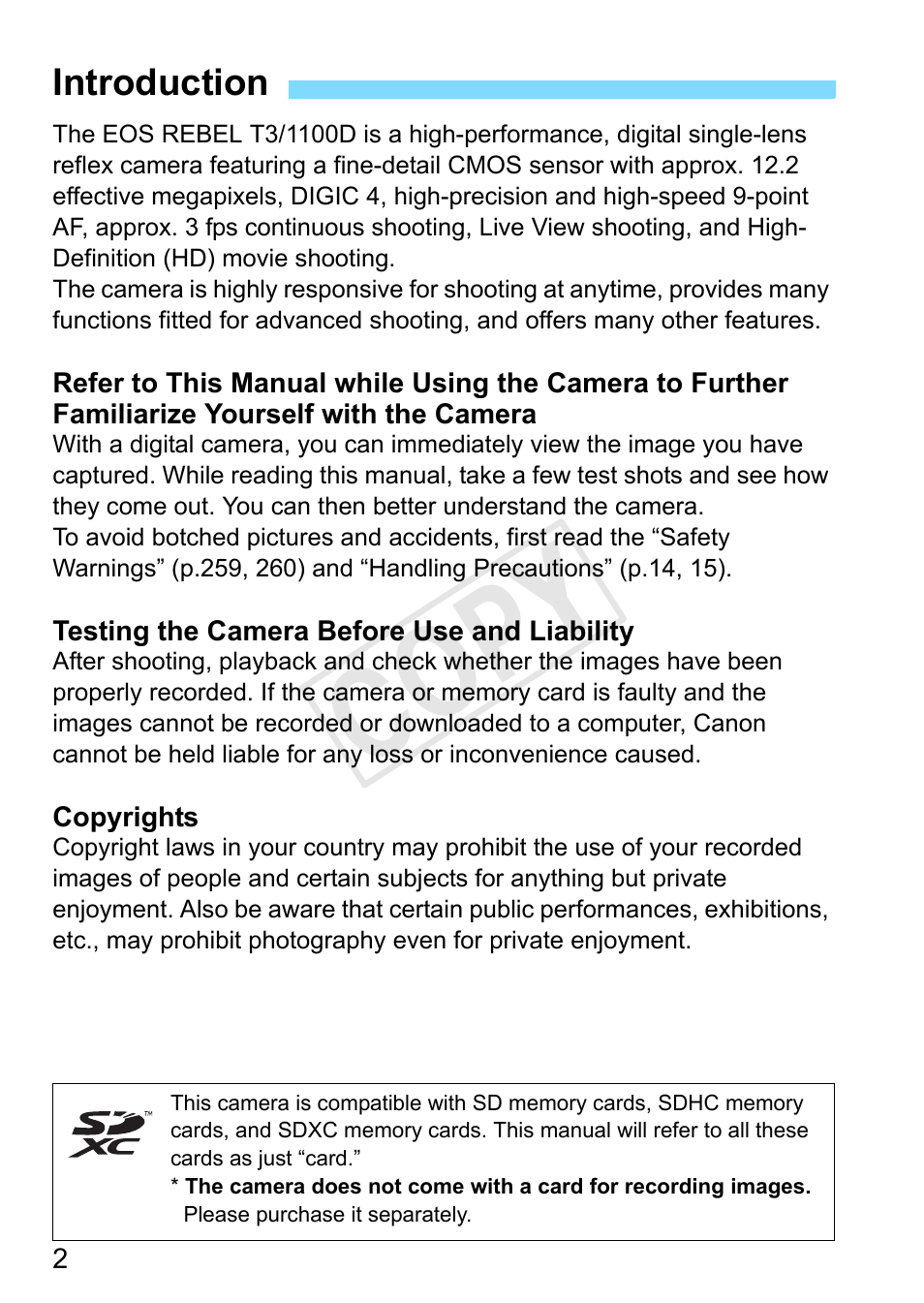 Introduction, Cop y | Canon EOS Rebel T3 18-55mm IS II Lens Kit User Manual | Page 2 / 292