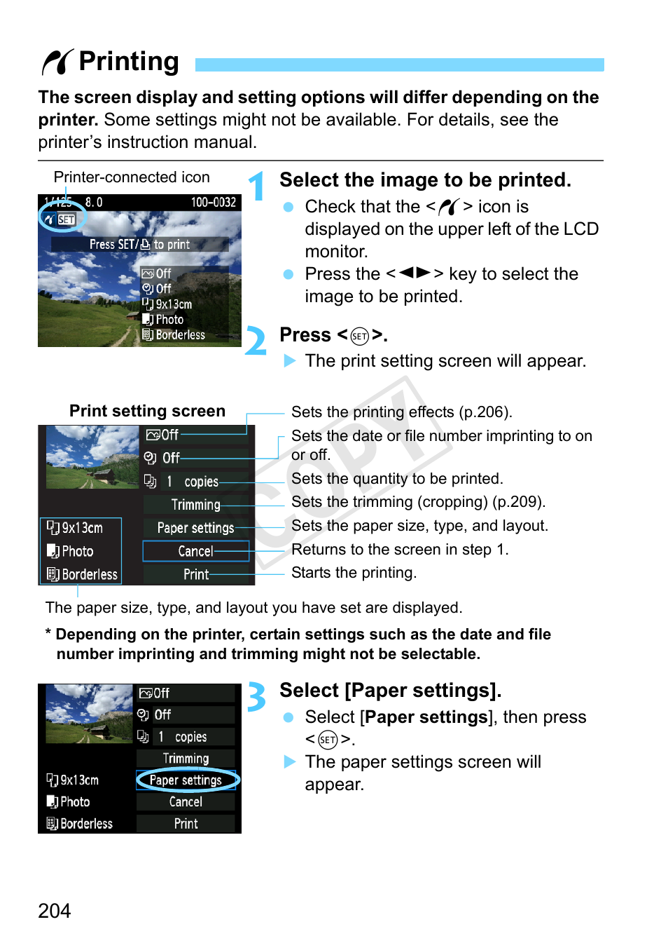 Printing, Wprinting, Cop y | W printing | Canon EOS Rebel T3 18-55mm IS II Lens Kit User Manual | Page 204 / 292