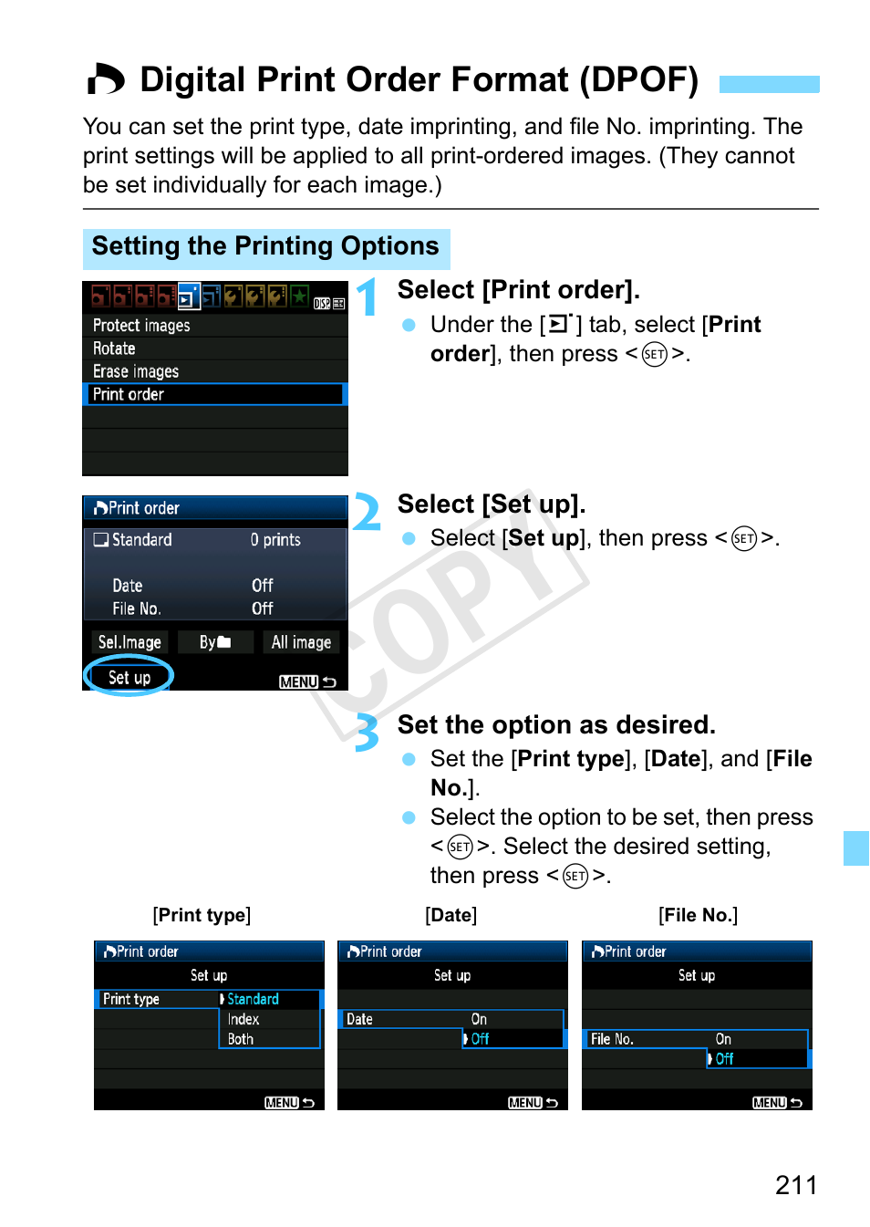 Digital print order format (dpof), W digital print order format (dpof), Cop y | Canon EOS Rebel T3 18-55mm IS II Lens Kit User Manual | Page 211 / 292